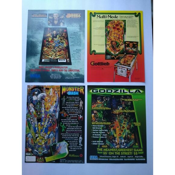 (4) Pinball FLYERS Monster Bash Godzilla Devils Dare Frankenstein Horror Sci Fi - Picture 2 of 3